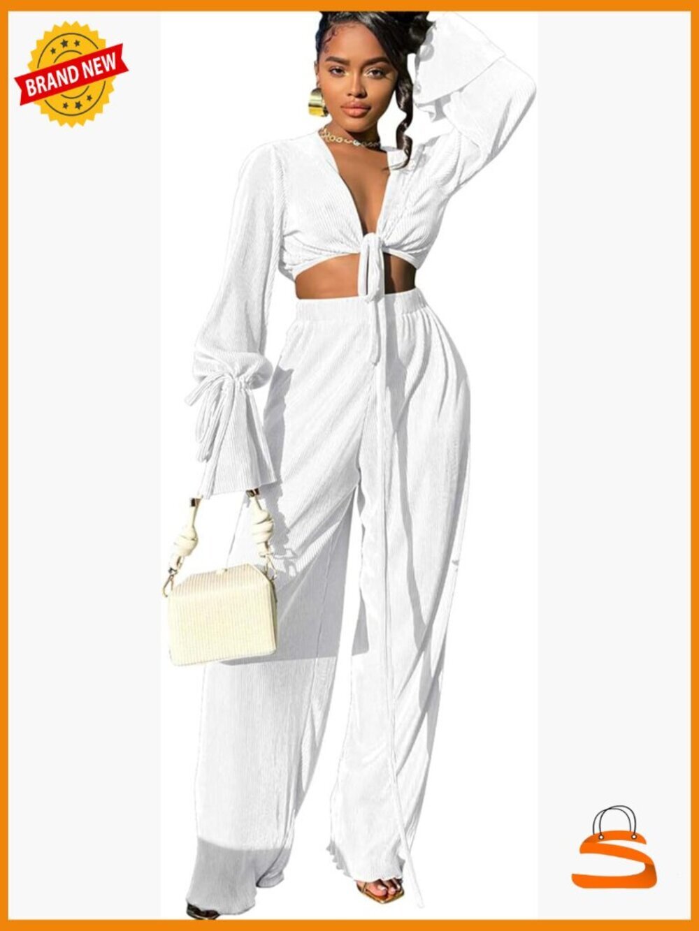 Women's Linen 2 Piece Outfit Set Long Sleeve V Neck Crop Top Wide Leg Pants